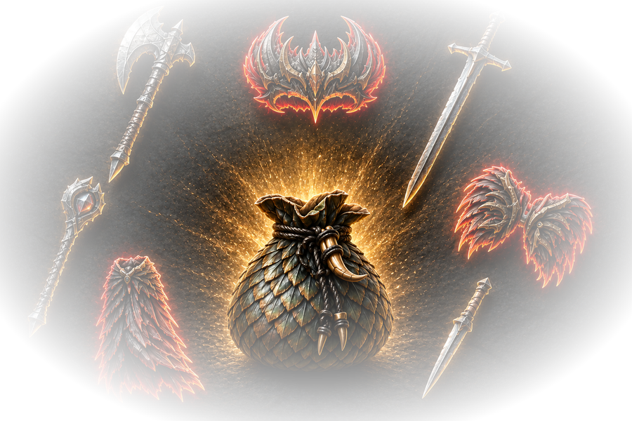 A pack spilling weapons and armour